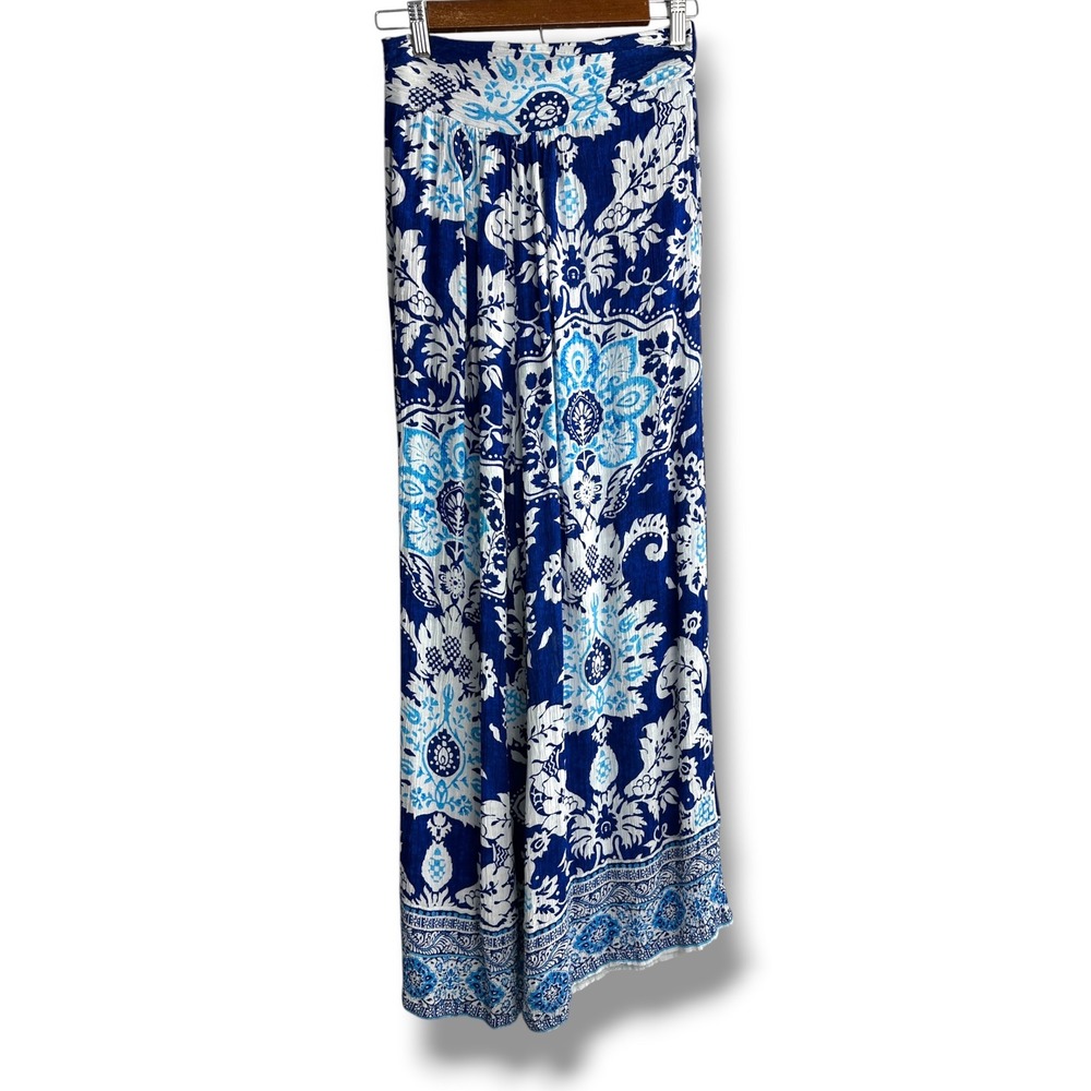 Rachel Zoe Wide Leg Pants Womens Small Blue Paisley Damask Elastic Waist Pockets